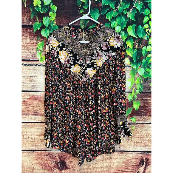 Free People Bell Sleeve Mini Dress Tunic Floral Flowers Flowy Boho Oversized - Picture 2 of 4
